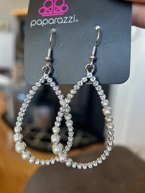 paparazzi Silver Teardrop Earrings with Pearls and Rhinestones